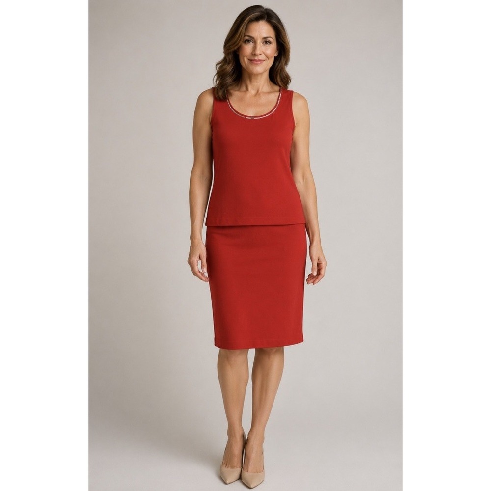 St. John Evening Red Silver Detail Knit Two Piece Skirt Set Women Size 10/M Vtg